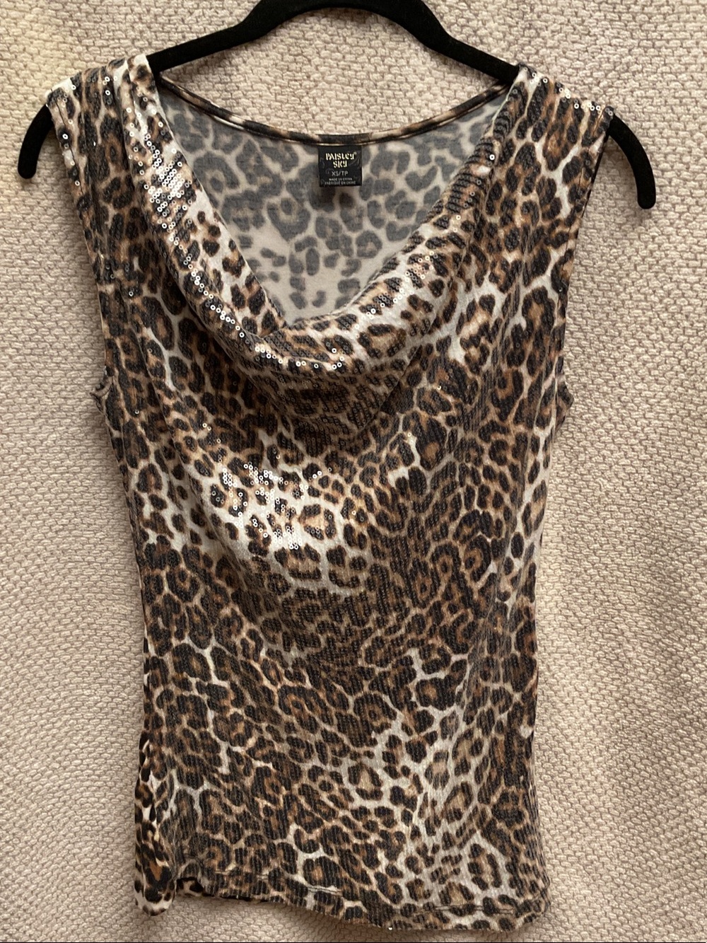 Paisley Sky Leopard Print Cowl Neck Sleeveless Blouse